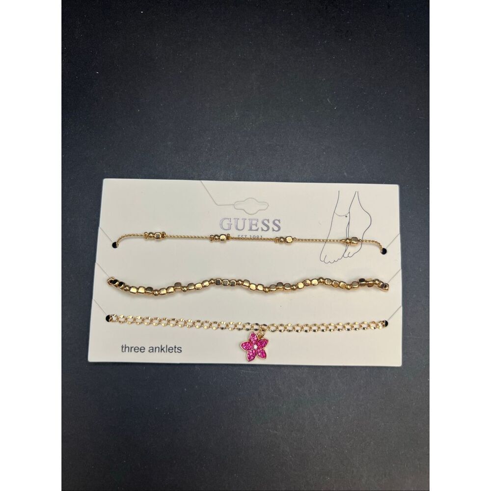 GUESS Gold Tone Pink Flower Charm Mixed 3 Piece Anklet Set